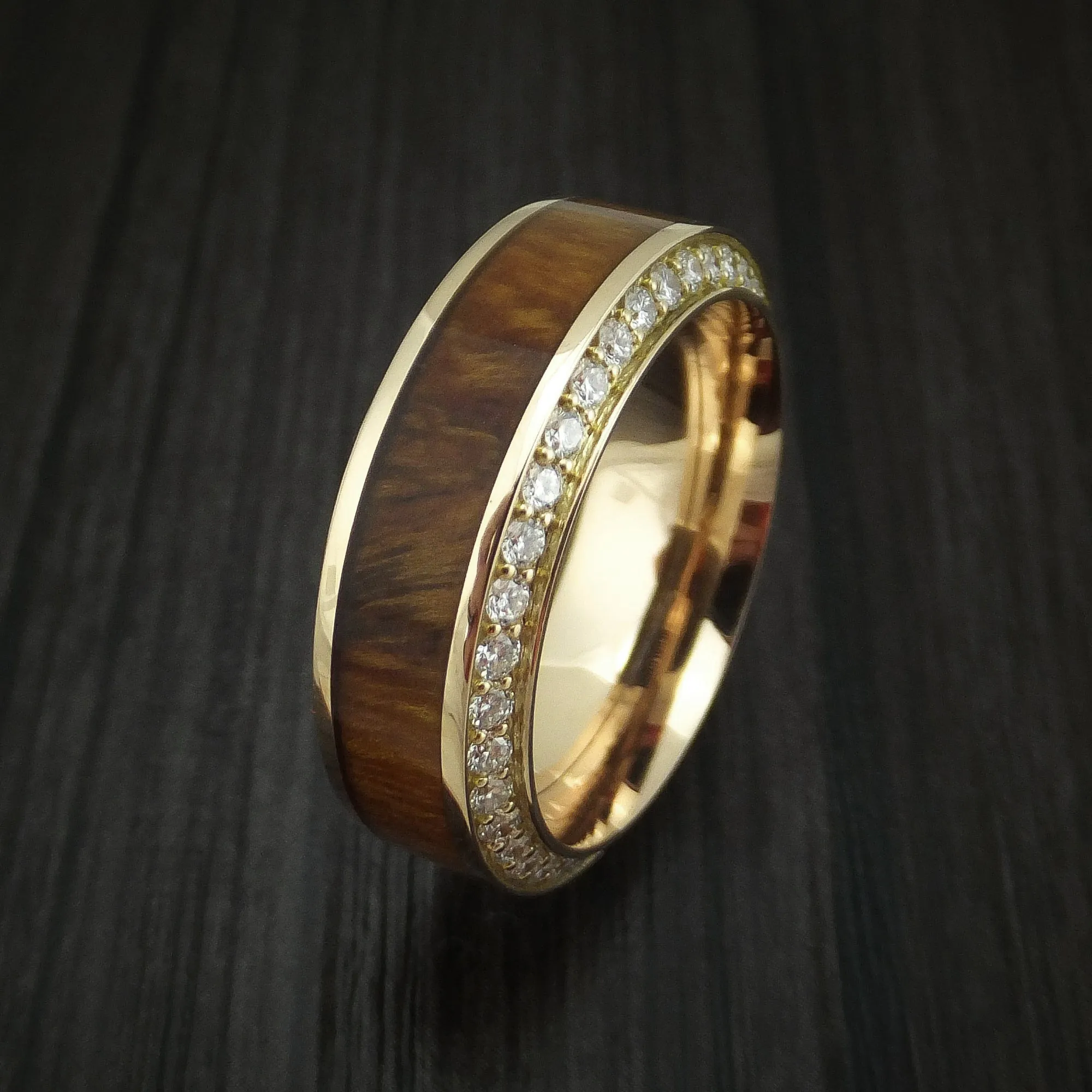 14K Gold Men's Ring With Wood Inlay And Eternity Set Diamonds Custom Made Band