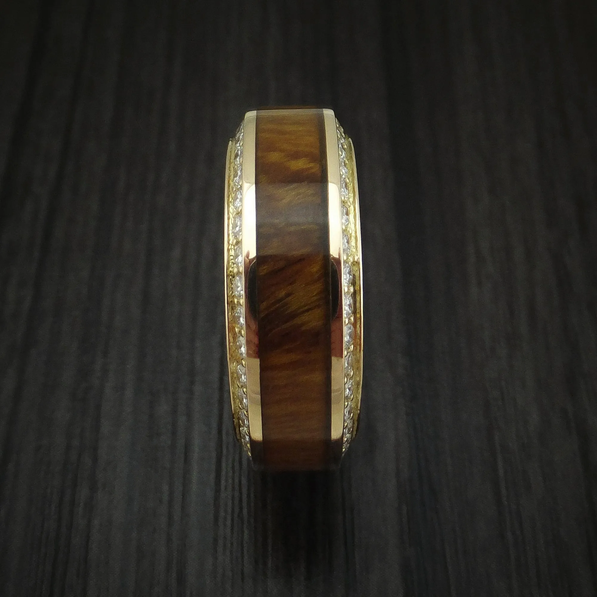 14K Gold Men's Ring With Wood Inlay And Eternity Set Diamonds Custom Made Band