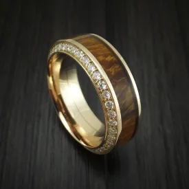 14K Gold Men's Ring With Wood Inlay And Eternity Set Diamonds Custom Made Band