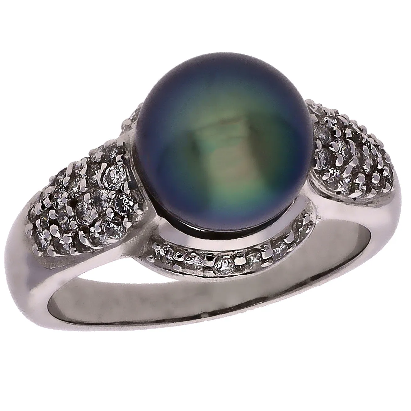 14K White Gold 9mm Black Pearl and Diamond Ring