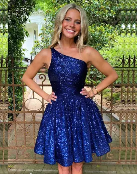 A-line Blue Sequin Mini Dress Backless Homecoming Dress