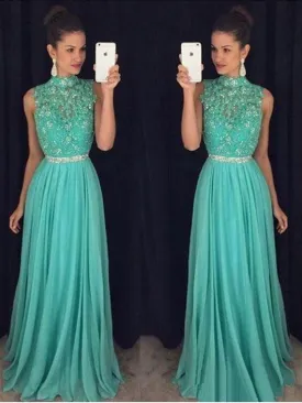 A Line High Neck Backless Lace Appliques Green Long Prom Dresses, Open Back Green Lace Formal Evening Graduation Dresses