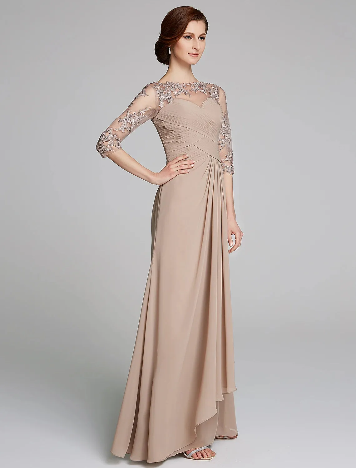 A-Line Mother of the Bride Dress Sparkle & Shine Boat Neck Floor Length Chiffon Lace 3/4 Length Sleeve with Crystals Appliques