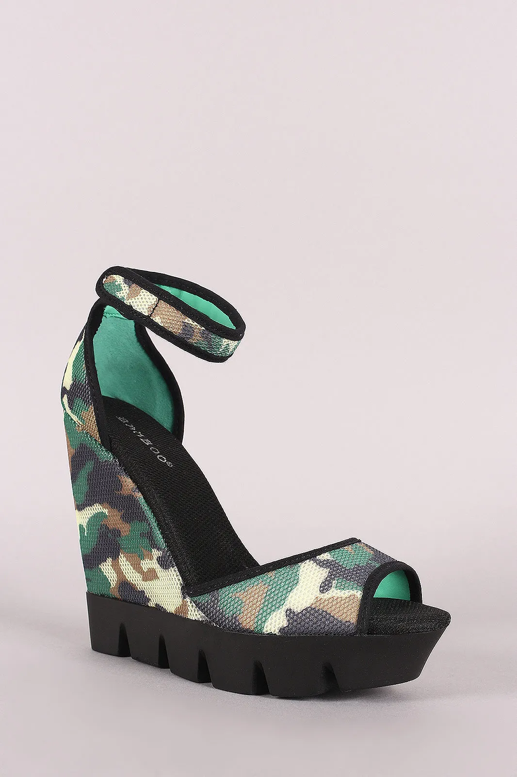 Bamboo Camouflage Mesh Lug Sole Platform Wedge