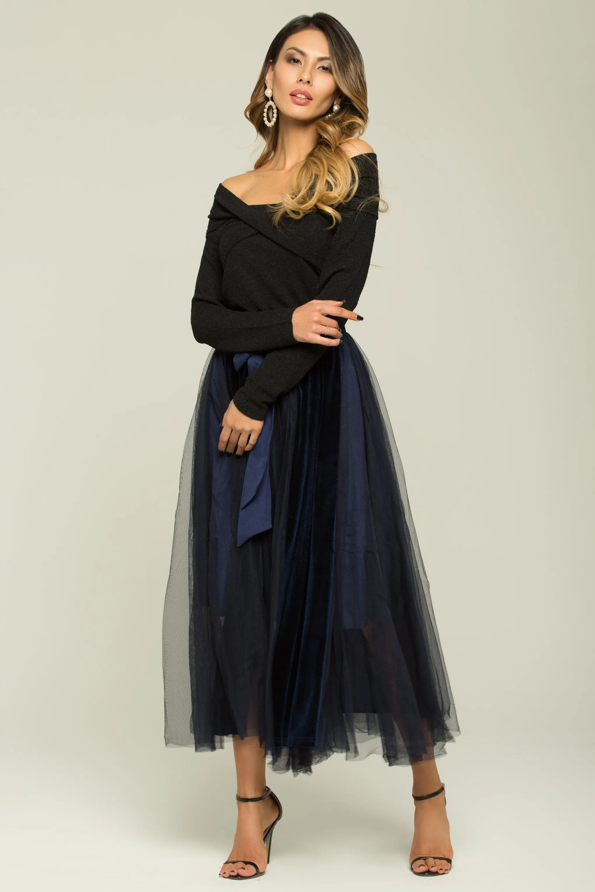 Black And Blue Boat Neck Top And Sheer Skirt With Belt Set