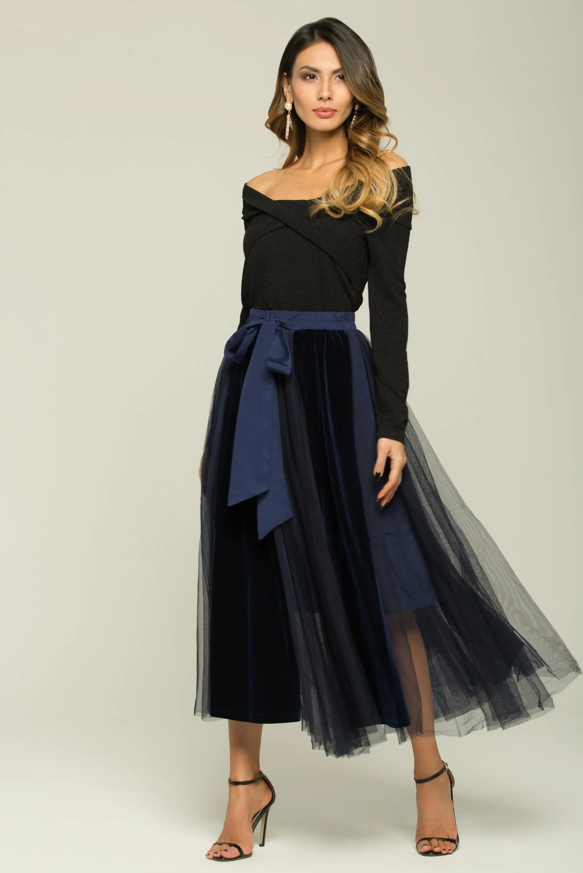 Black And Blue Boat Neck Top And Sheer Skirt With Belt Set