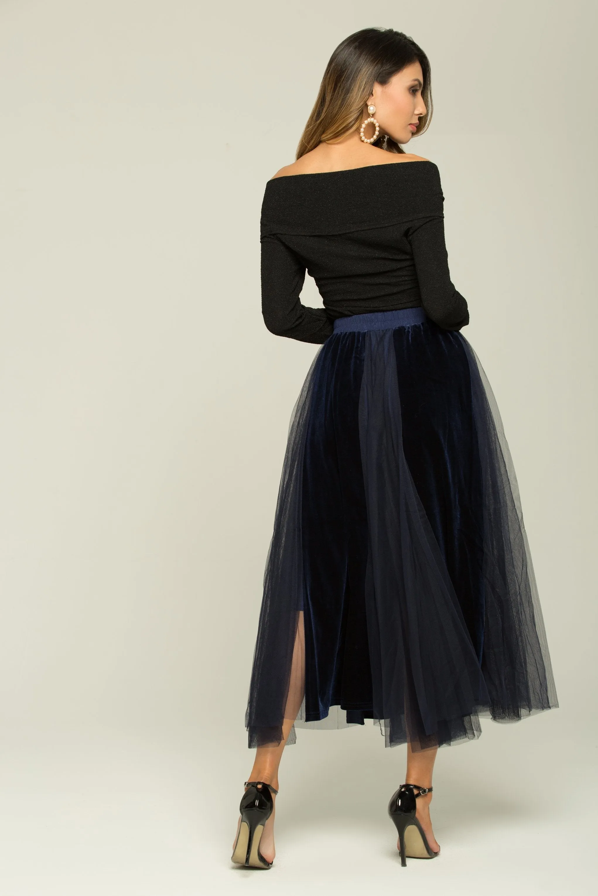 Black And Blue Boat Neck Top And Sheer Skirt With Belt Set