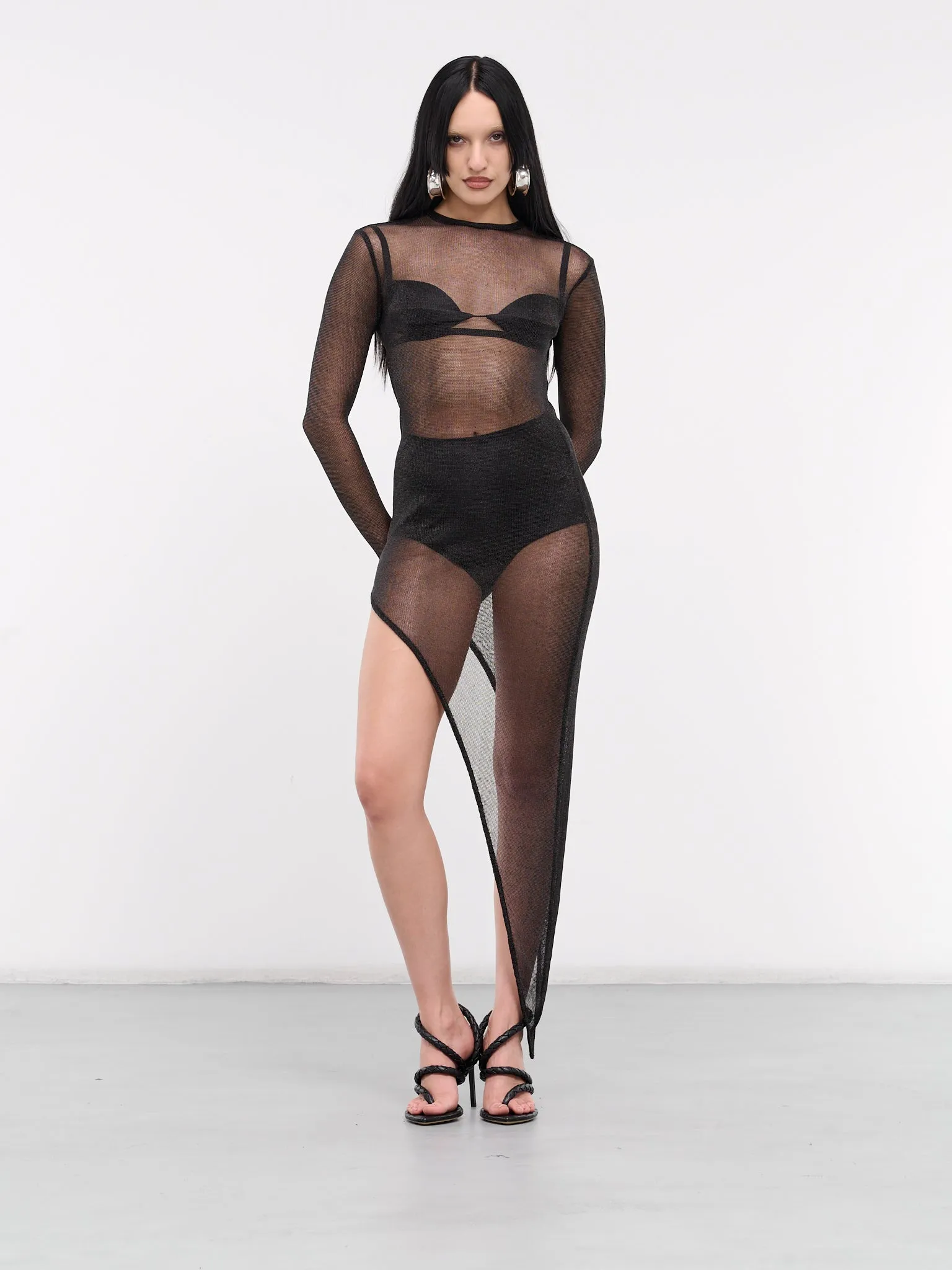 Boat Neck Slanted Mesh Dress (BNSMD-BLACK)