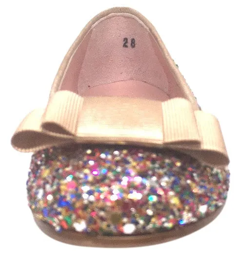 Chupetin 9336 Rainbow Sparkle Glitter Tan Bow Slip On Ballerina Ballet Flats