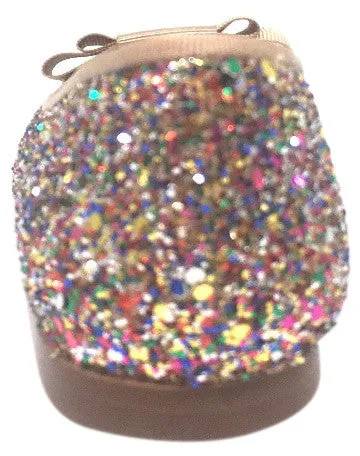 Chupetin 9336 Rainbow Sparkle Glitter Tan Bow Slip On Ballerina Ballet Flats