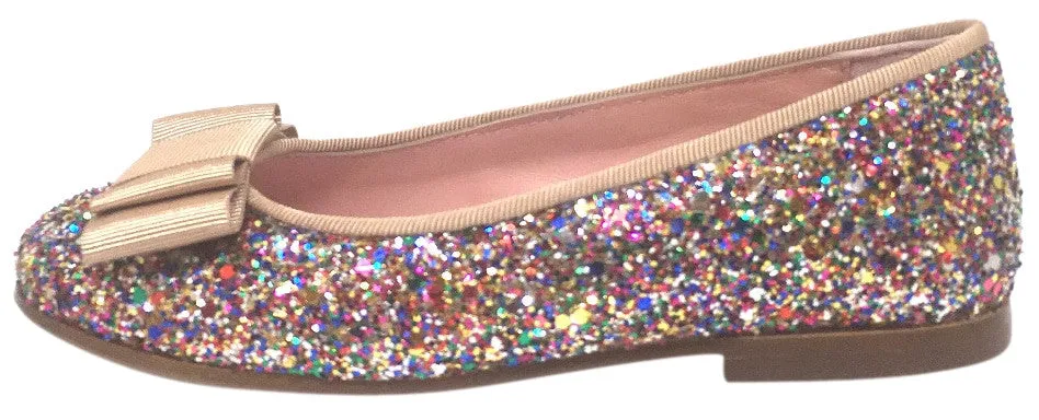 Chupetin 9336 Rainbow Sparkle Glitter Tan Bow Slip On Ballerina Ballet Flats