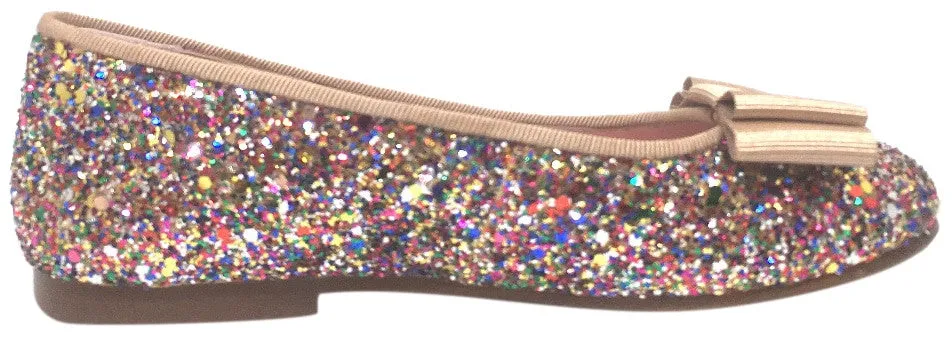 Chupetin 9336 Rainbow Sparkle Glitter Tan Bow Slip On Ballerina Ballet Flats