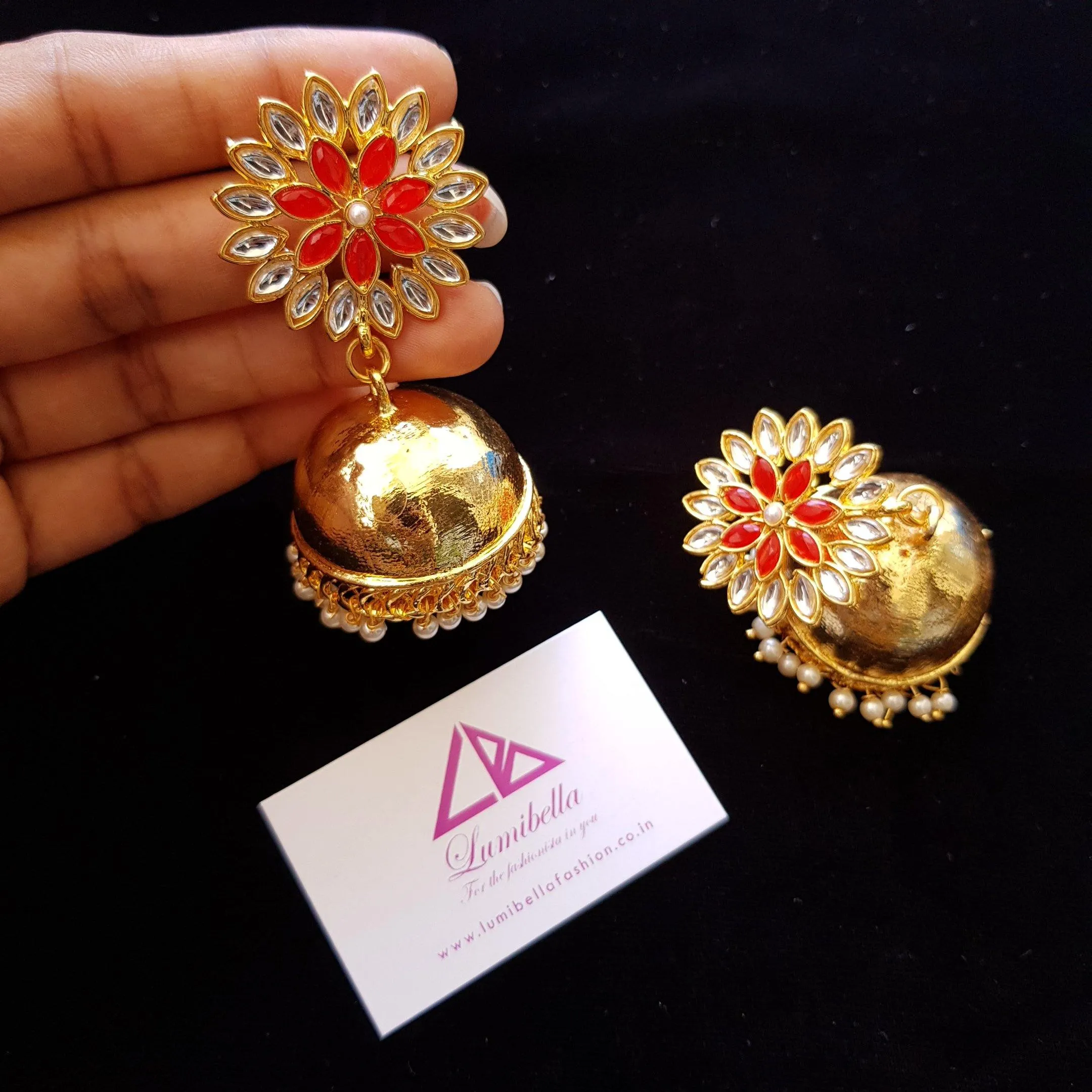 Designer Style Red Stone Embellished Jhumka Jhumki