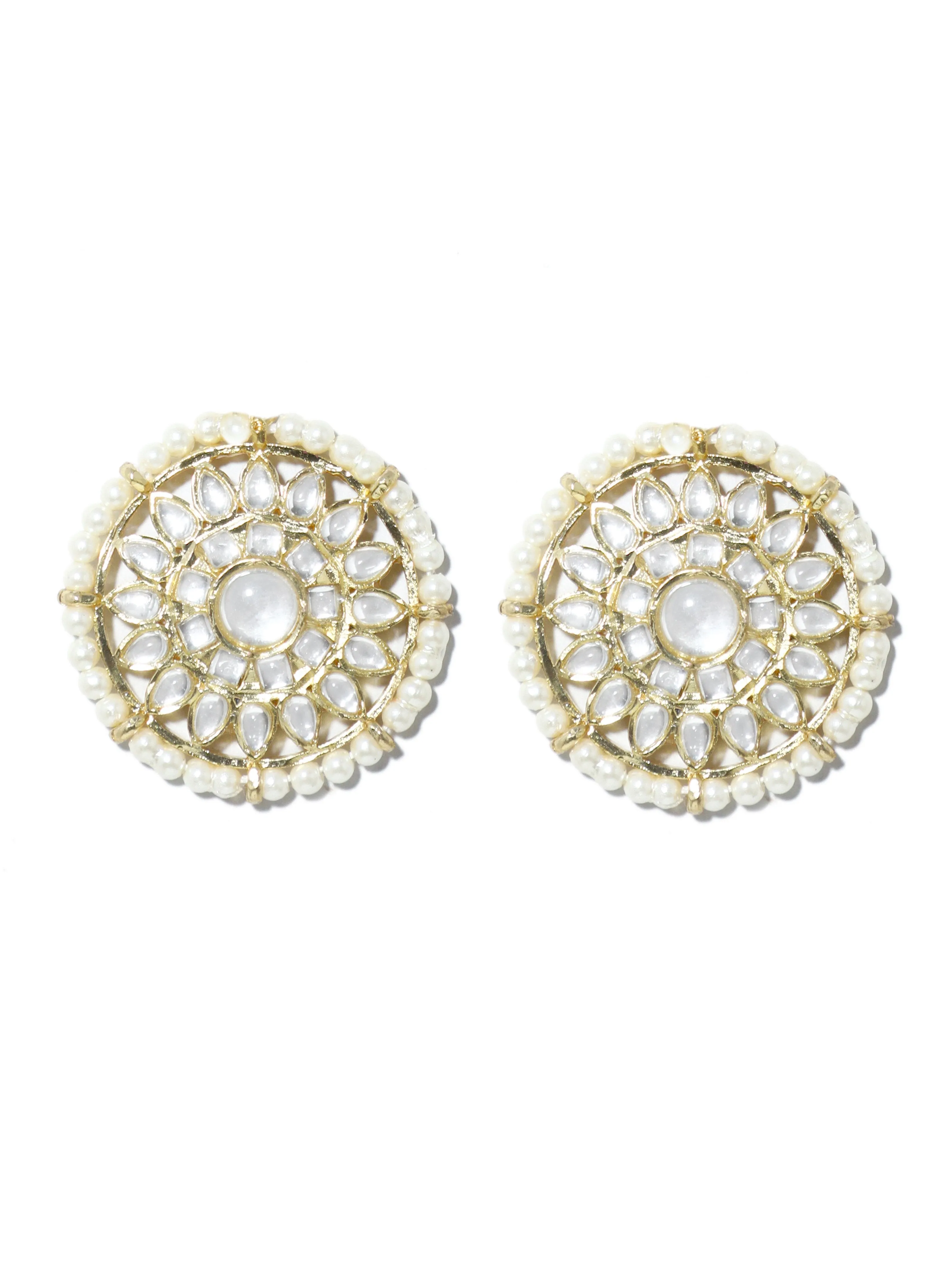 Gold Plated Pearl Beads Kundan Stud Earrings