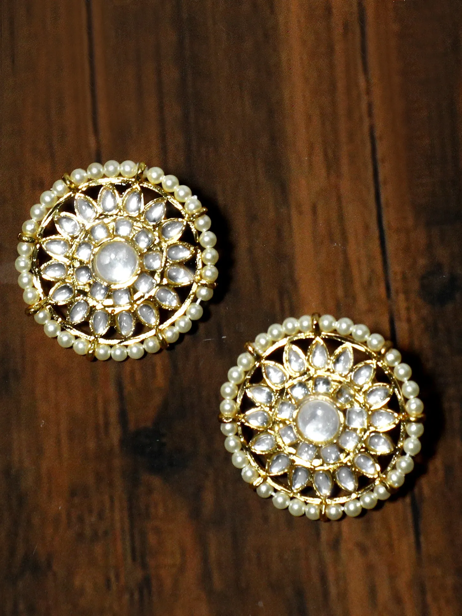 Gold Plated Pearl Beads Kundan Stud Earrings