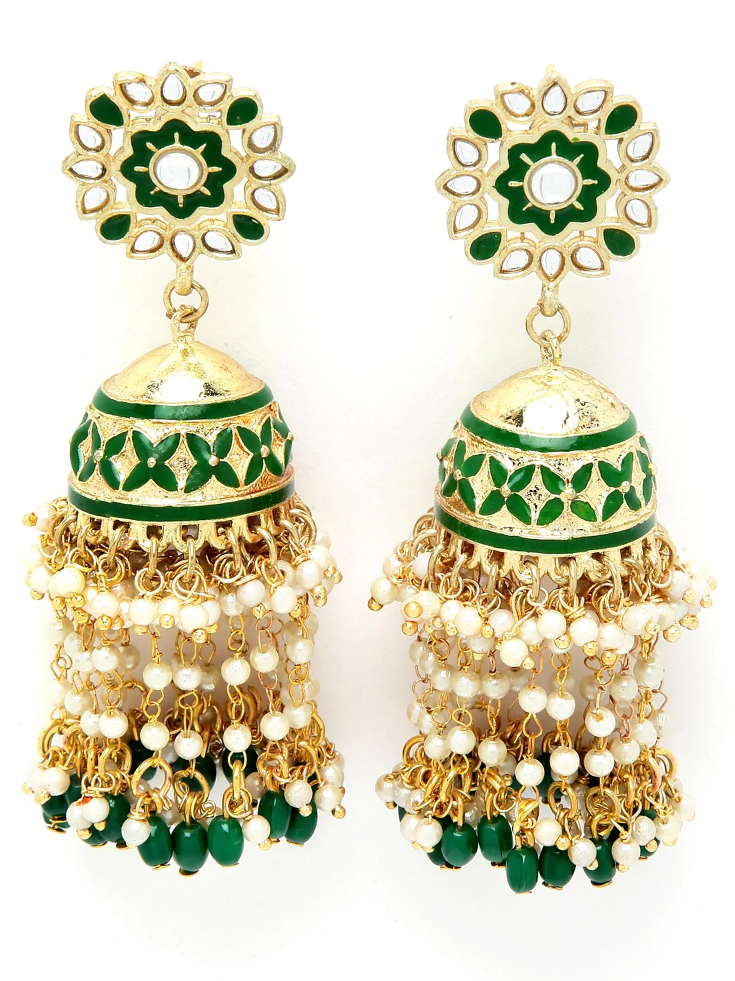 Green Tumble Stone and Pearl Jhumki Earrings for Women