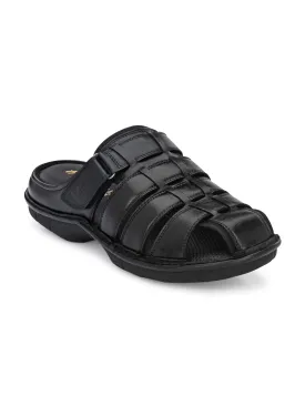 Hitz Men's Black Leather Comfort Slippers