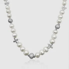 Iced Cross Real Pearl Necklace (Silver)