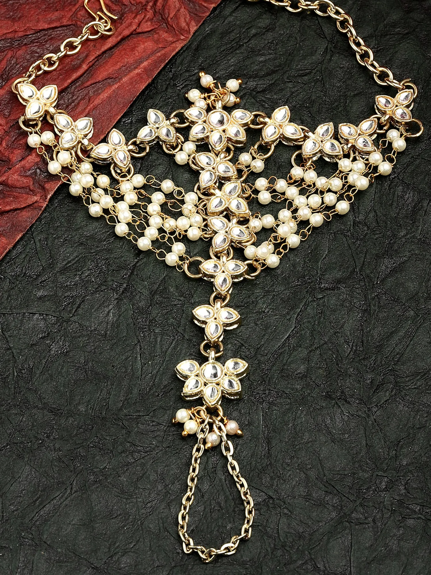 Karacart Gold Plated Pearl Chain and Floral Kundan Hathphool for Women