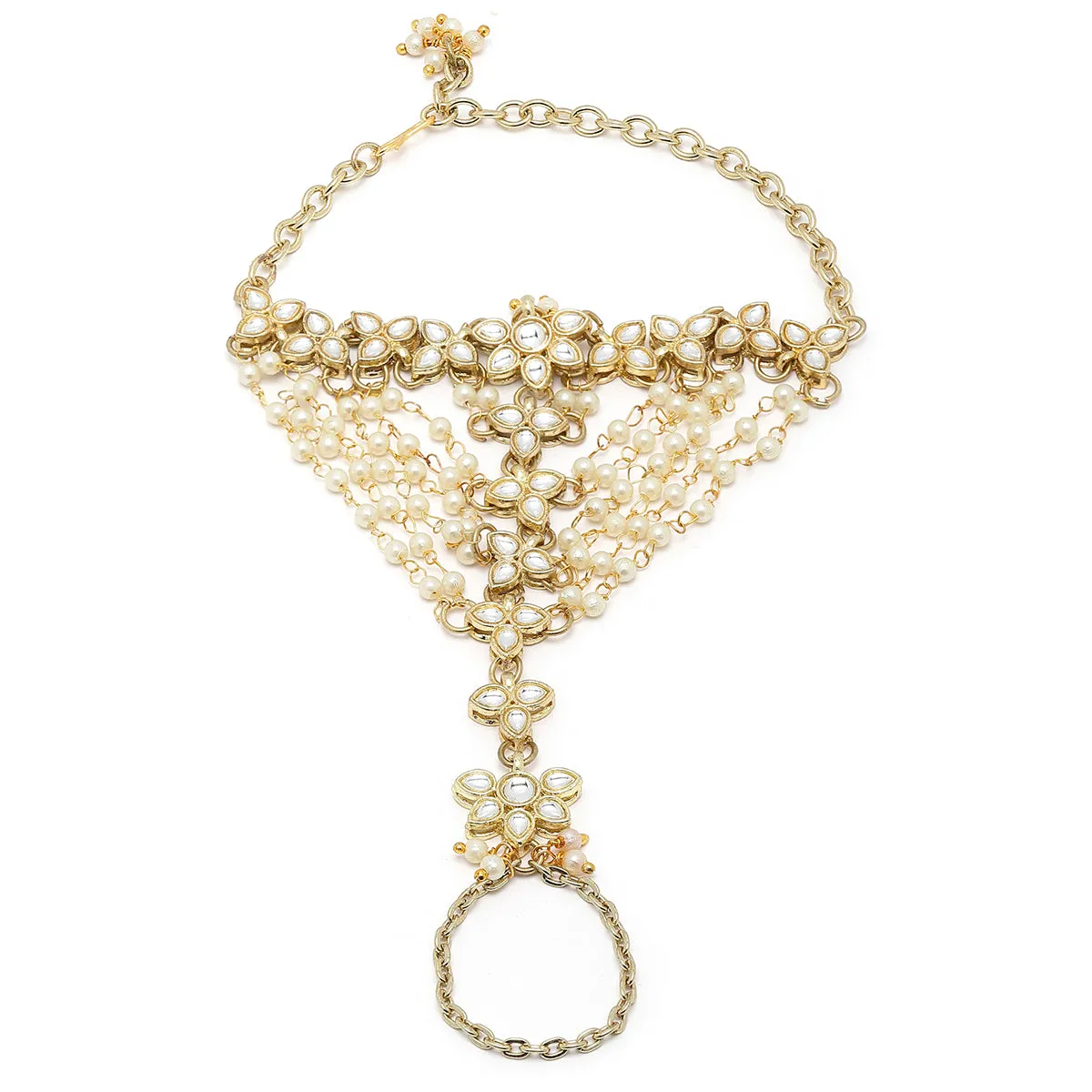 Karacart Gold Plated Pearl Chain and Floral Kundan Hathphool for Women