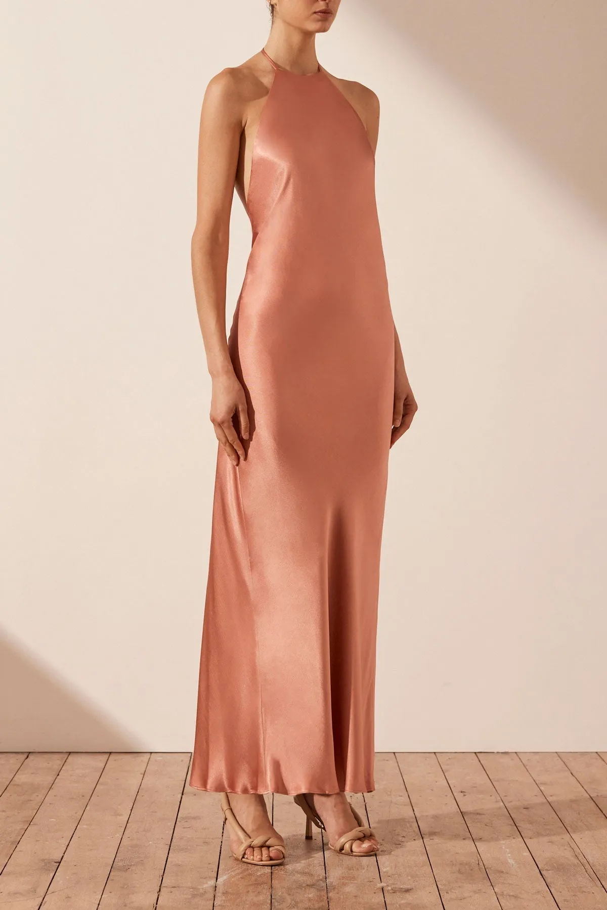 LA LUNE LOW BACK HALTER NECK MIDI DRESS - ANTIQUE ROSE