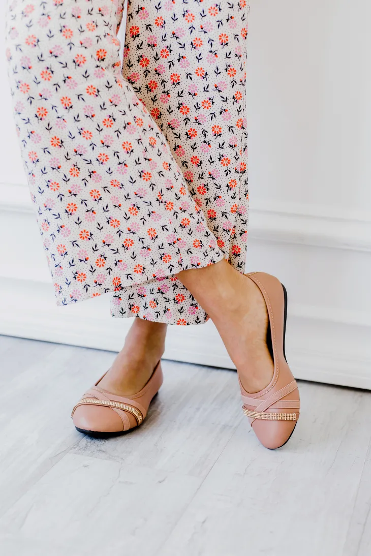 Round Toe Jeweled Cross Strap Ballet Flats (April)