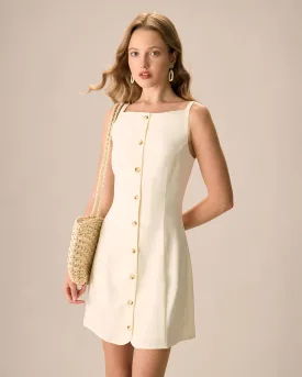 The Beige Boat Neck Button Mini Dress