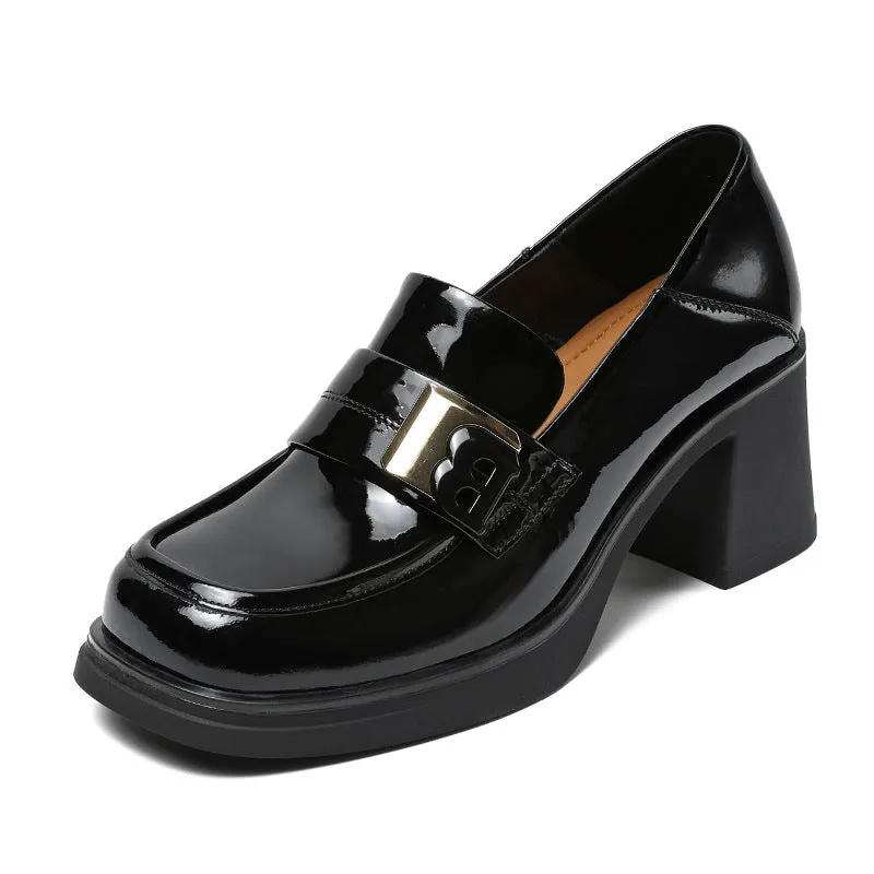 Women Casual Glossy Leather Chunky Heel Loafers