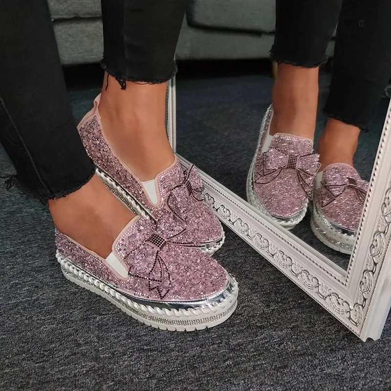 👡Women Shining Rhinestone Slip-on Loafers with Cute Bowknot